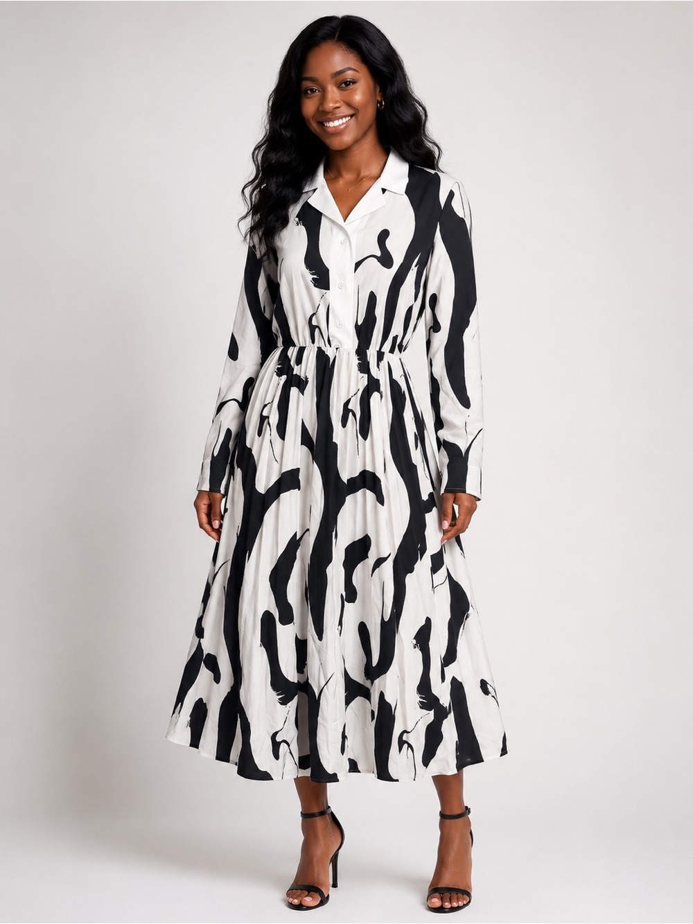 Source Unknown Black & White Abstract Print Long Sleeve Midi Dress